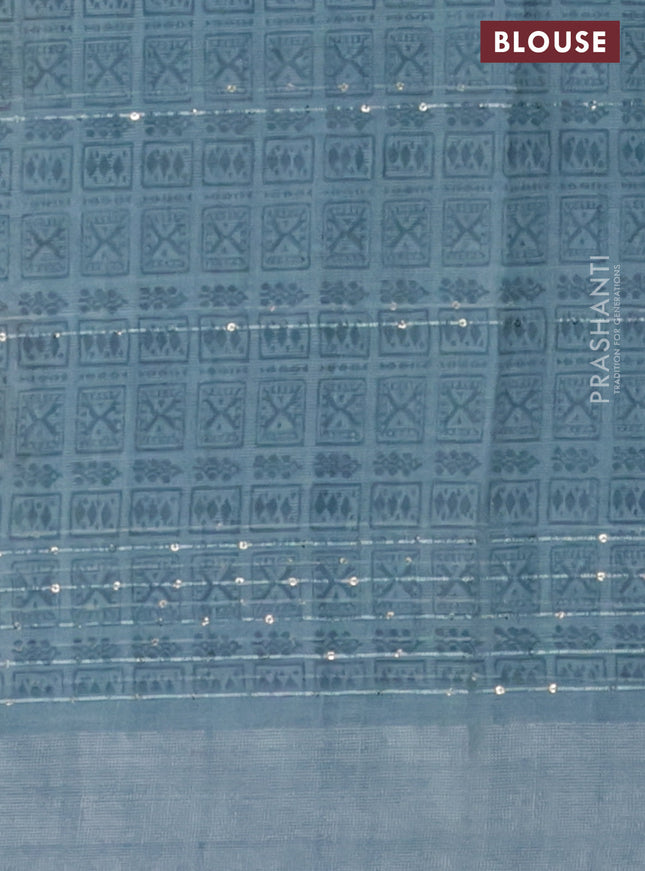 Linen cotton saree pastel blue with floral prints & sequin work and silver zari woven border