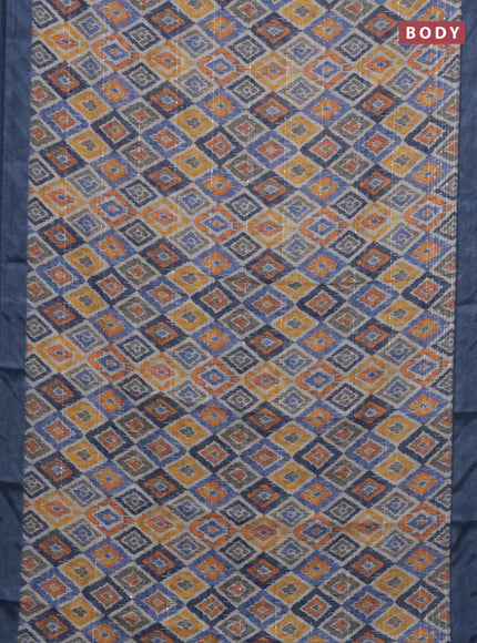 Linen cotton saree cream and beige with floral prints & sequin work and silver zari woven border