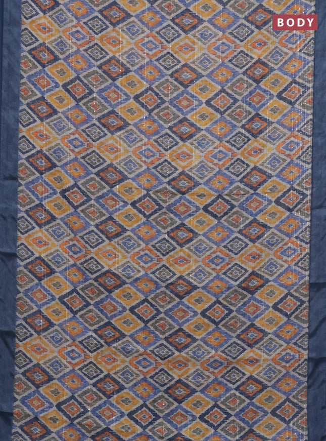 Linen cotton saree cream and beige with floral prints & sequin work and silver zari woven border