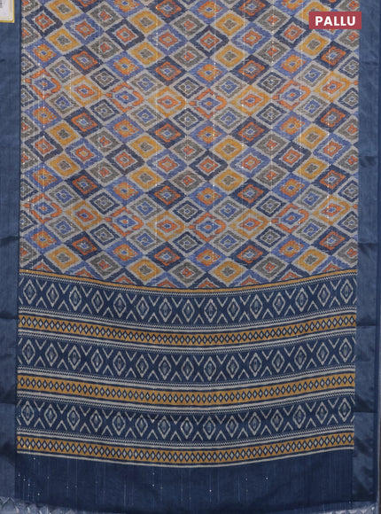 Linen cotton saree cream and beige with floral prints & sequin work and silver zari woven border