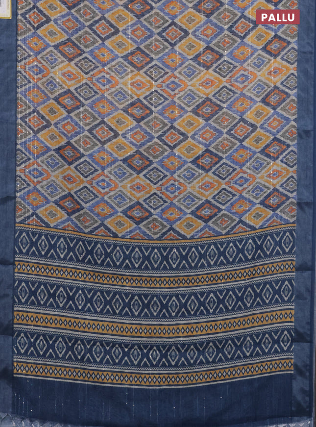 Linen cotton saree cream and beige with floral prints & sequin work and silver zari woven border