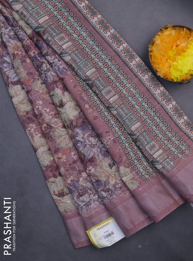 Linen cotton saree pastel maroon with floral prints & sequin work and silver zari woven border