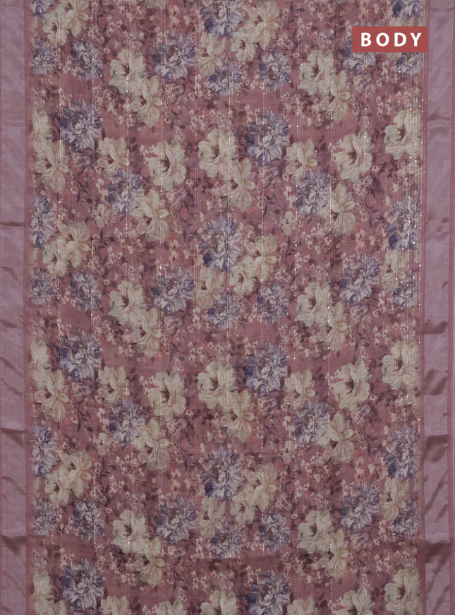 Linen cotton saree pastel maroon with floral prints & sequin work and silver zari woven border