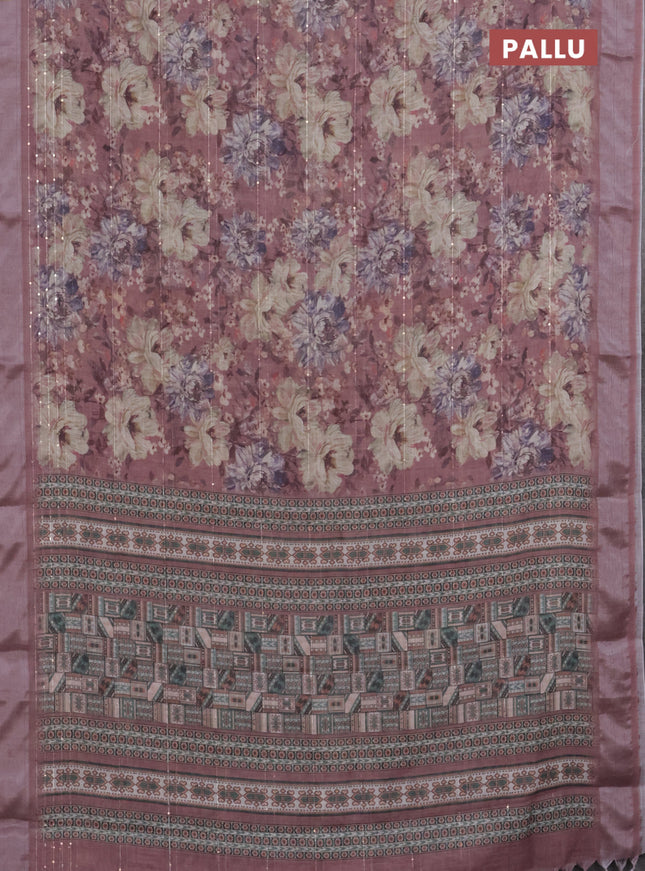 Linen cotton saree pastel maroon with floral prints & sequin work and silver zari woven border