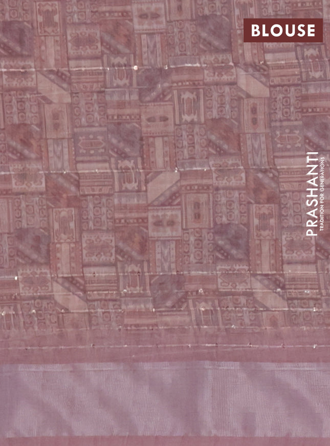 Linen cotton saree pastel maroon with floral prints & sequin work and silver zari woven border