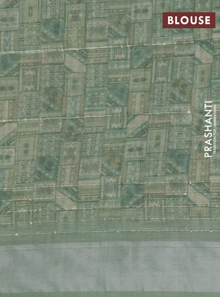 Linen cotton saree sap green with floral prints & sequin work and silver zari woven border