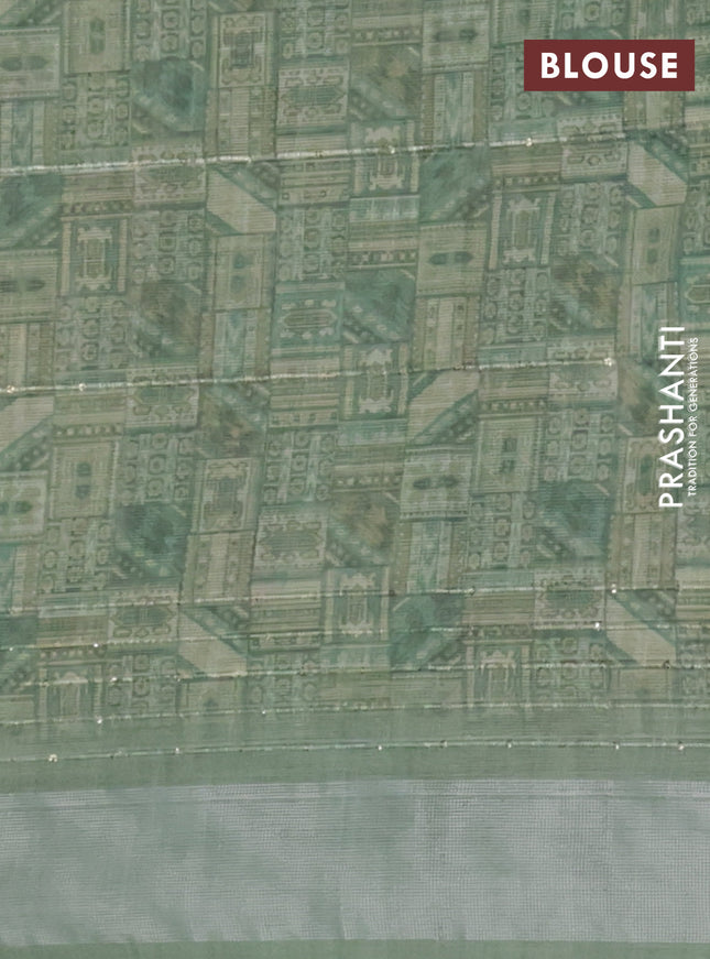 Linen cotton saree sap green with floral prints & sequin work and silver zari woven border