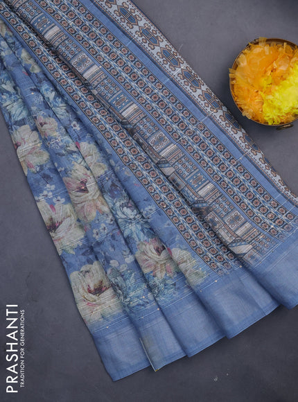Linen cotton saree pastel blue with floral prints & sequin work and silver zari woven border