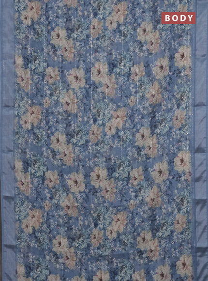 Linen cotton saree pastel blue with floral prints & sequin work and silver zari woven border