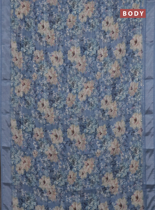 Linen cotton saree pastel blue with floral prints & sequin work and silver zari woven border