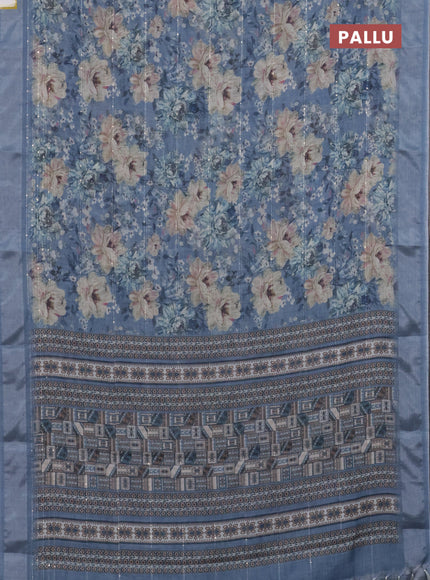 Linen cotton saree pastel blue with floral prints & sequin work and silver zari woven border