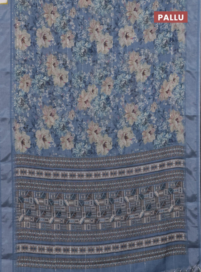 Linen cotton saree pastel blue with floral prints & sequin work and silver zari woven border