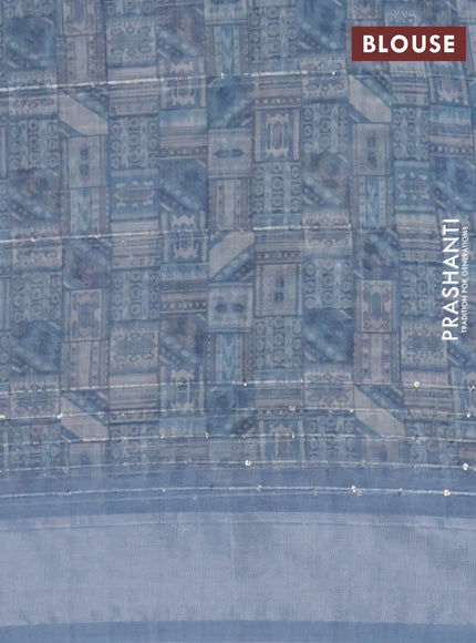 Linen cotton saree pastel blue with floral prints & sequin work and silver zari woven border