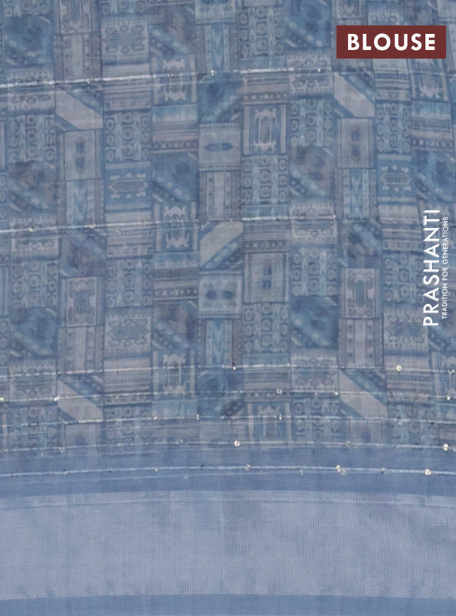 Linen cotton saree pastel blue with floral prints & sequin work and silver zari woven border