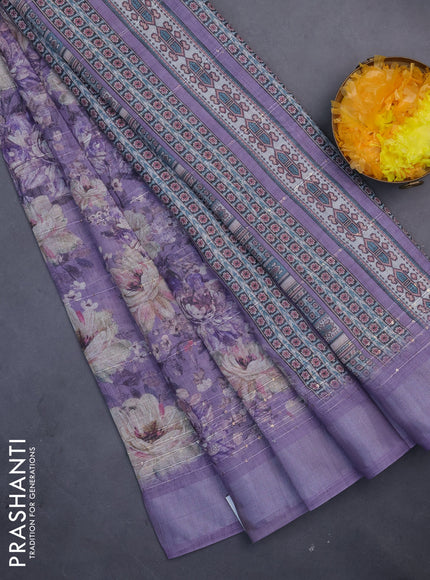 Linen cotton saree lavender shade with floral prints & sequin work and silver zari woven border