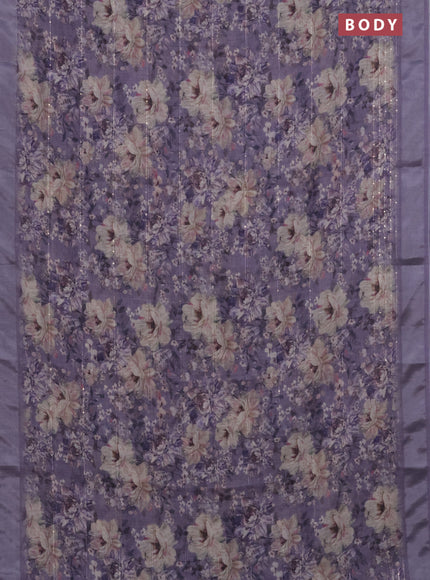 Linen cotton saree lavender shade with floral prints & sequin work and silver zari woven border