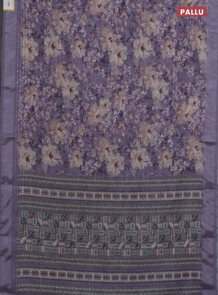 Linen cotton saree lavender shade with floral prints & sequin work and silver zari woven border