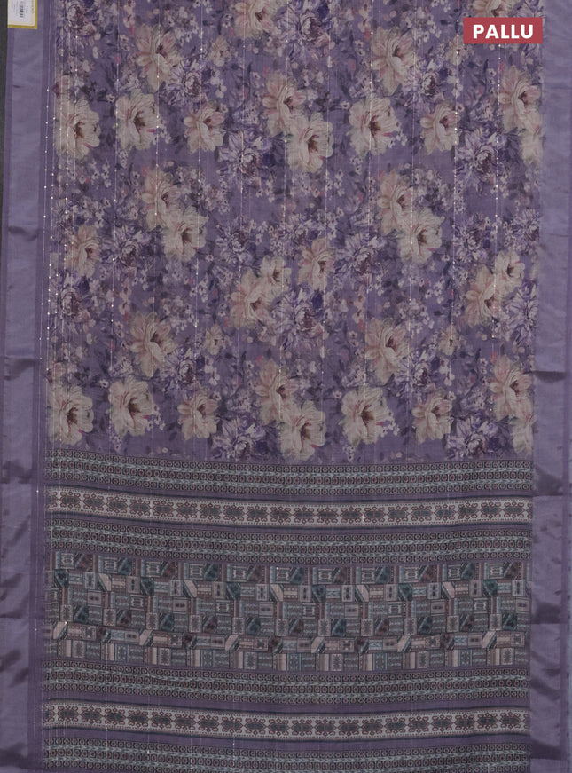 Linen cotton saree lavender shade with floral prints & sequin work and silver zari woven border