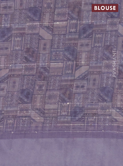 Linen cotton saree lavender shade with floral prints & sequin work and silver zari woven border