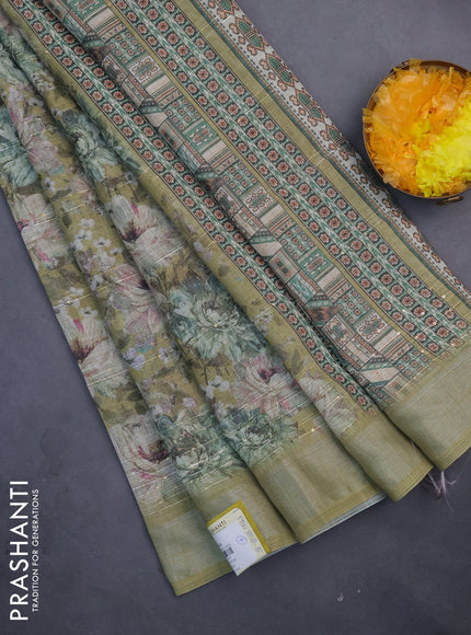 Linen cotton saree mehendi green with floral prints & sequin work and silver zari woven border