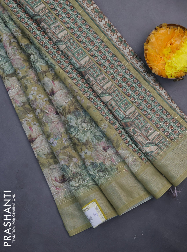 Linen cotton saree mehendi green with floral prints & sequin work and silver zari woven border
