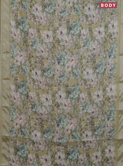 Linen cotton saree mehendi green with floral prints & sequin work and silver zari woven border