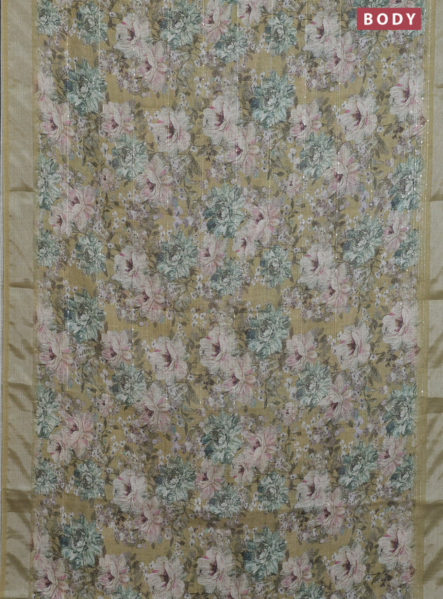 Linen cotton saree mehendi green with floral prints & sequin work and silver zari woven border