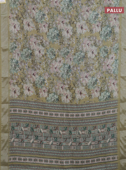 Linen cotton saree mehendi green with floral prints & sequin work and silver zari woven border