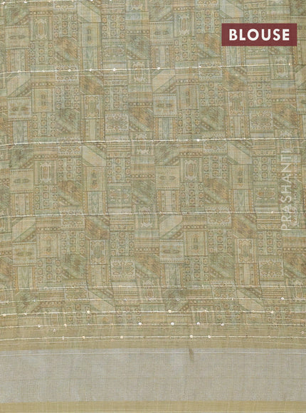 Linen cotton saree mehendi green with floral prints & sequin work and silver zari woven border