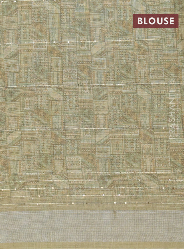 Linen cotton saree mehendi green with floral prints & sequin work and silver zari woven border