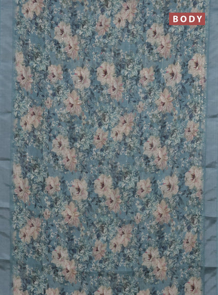 Linen cotton saree pastel blue with floral prints & sequin work and silver zari woven border