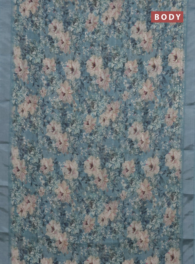 Linen cotton saree pastel blue with floral prints & sequin work and silver zari woven border