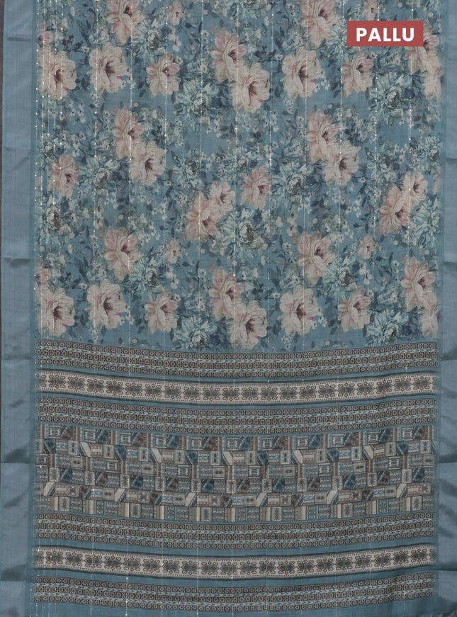 Linen cotton saree pastel blue with floral prints & sequin work and silver zari woven border