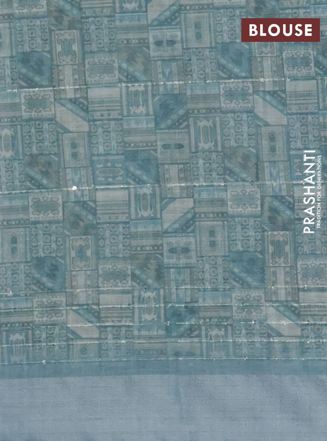 Linen cotton saree pastel blue with floral prints & sequin work and silver zari woven border