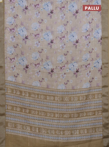 Linen cotton saree sandal and mustard shade with floral prints & sequin work and silver zari woven border