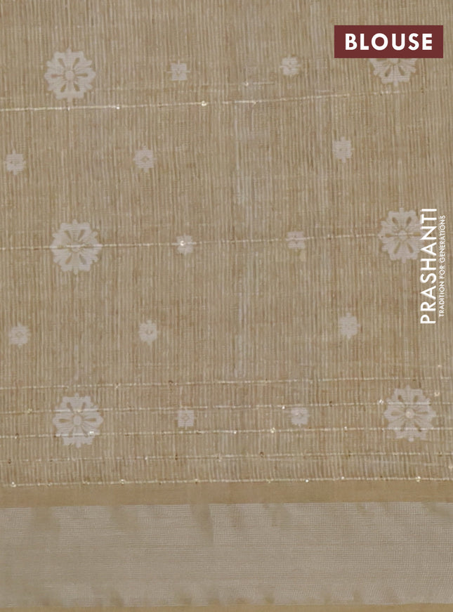 Linen cotton saree sandal and mustard shade with floral prints & sequin work and silver zari woven border