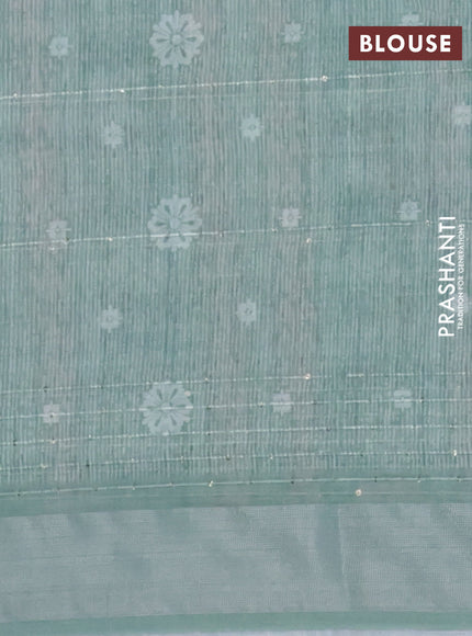 Linen cotton saree pastel green with floral prints & sequin work and silver zari woven border