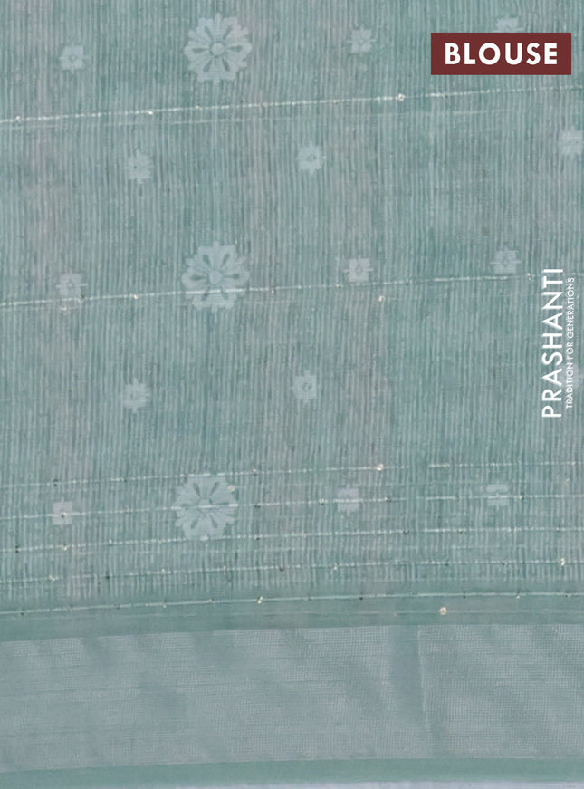 Linen cotton saree pastel green with floral prints & sequin work and silver zari woven border