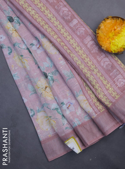 Linen cotton saree peach shade with floral prints & sequin work and silver zari woven border