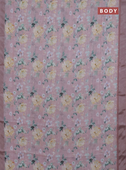 Linen cotton saree peach shade with floral prints & sequin work and silver zari woven border