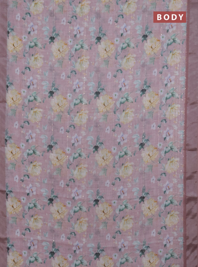 Linen cotton saree peach shade with floral prints & sequin work and silver zari woven border