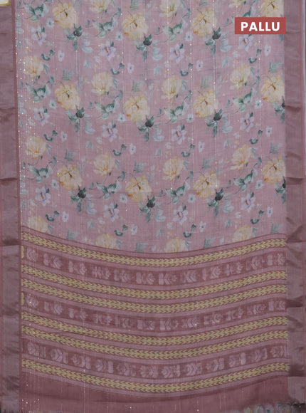 Linen cotton saree peach shade with floral prints & sequin work and silver zari woven border
