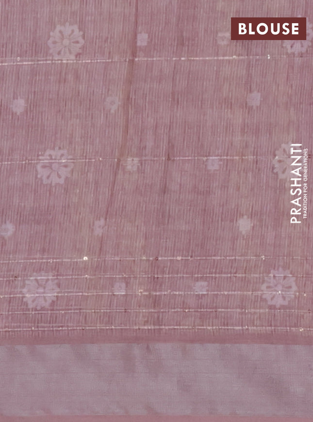 Linen cotton saree peach shade with floral prints & sequin work and silver zari woven border