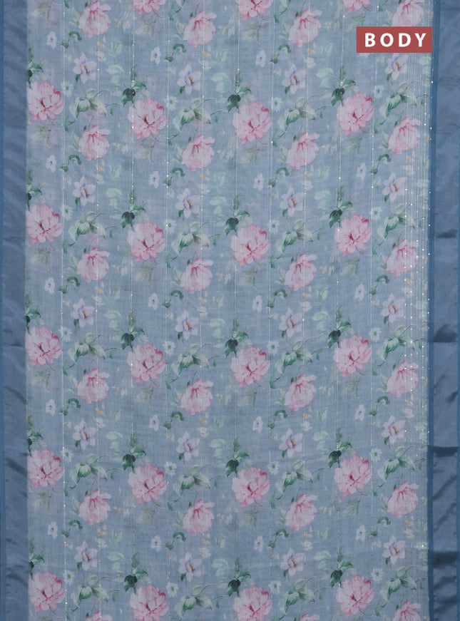 Linen cotton saree pastel blue with floral prints & sequin work and silver zari woven border