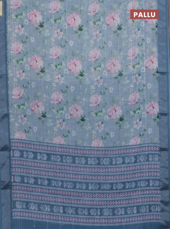 Linen cotton saree pastel blue with floral prints & sequin work and silver zari woven border