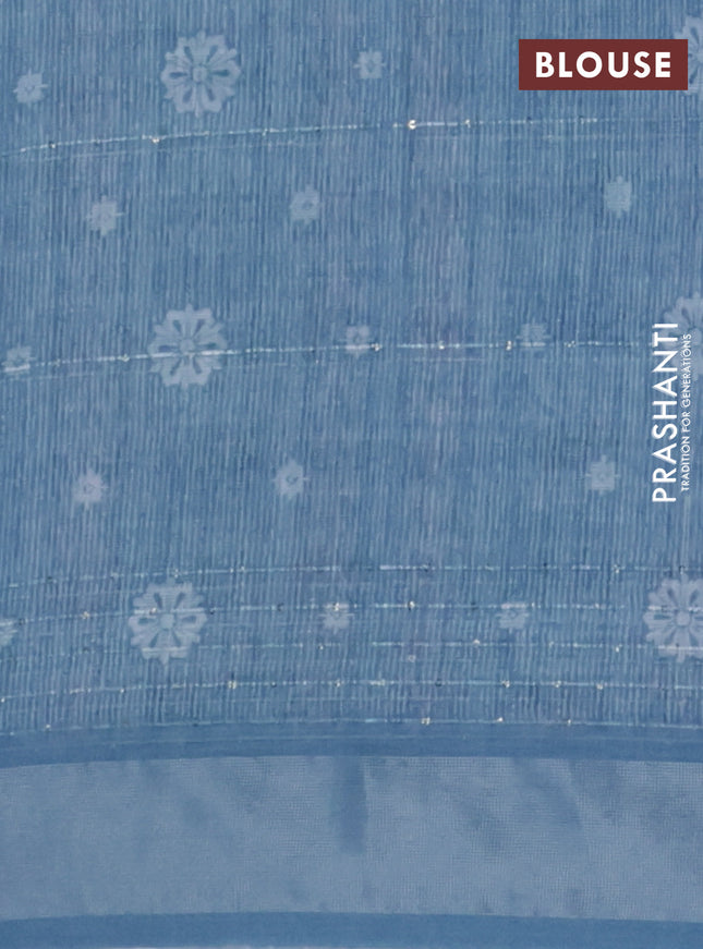 Linen cotton saree pastel blue with floral prints & sequin work and silver zari woven border