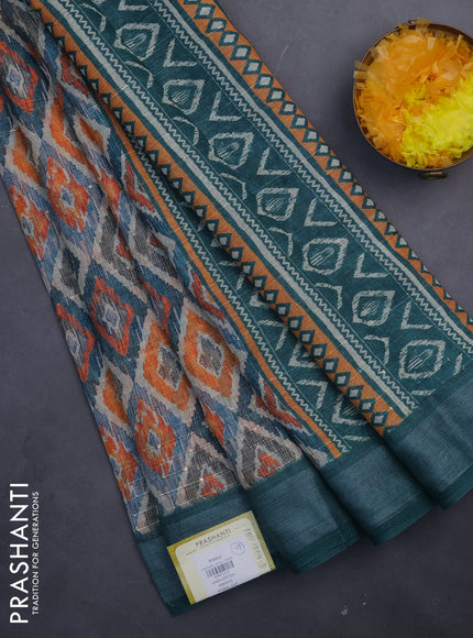 Linen cotton saree beige and peacock green with geometric prints & sequin work and silver zari woven border