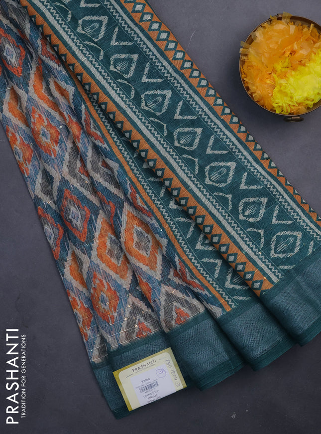 Linen cotton saree beige and peacock green with geometric prints & sequin work and silver zari woven border