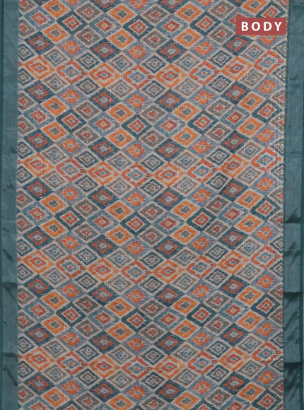 Linen cotton saree beige and peacock green with geometric prints & sequin work and silver zari woven border