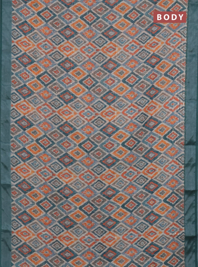 Linen cotton saree beige and peacock green with geometric prints & sequin work and silver zari woven border